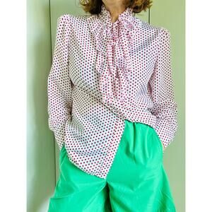 Vintage 80s Polka Dot Womens Blouse White Red Ruffle Necktie Size Large Retro